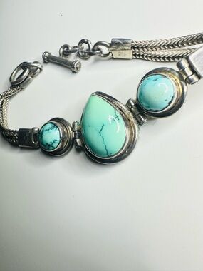 Sterling Silver & Turquoise Color Stone Bracelet - 925, Toggle Clasp